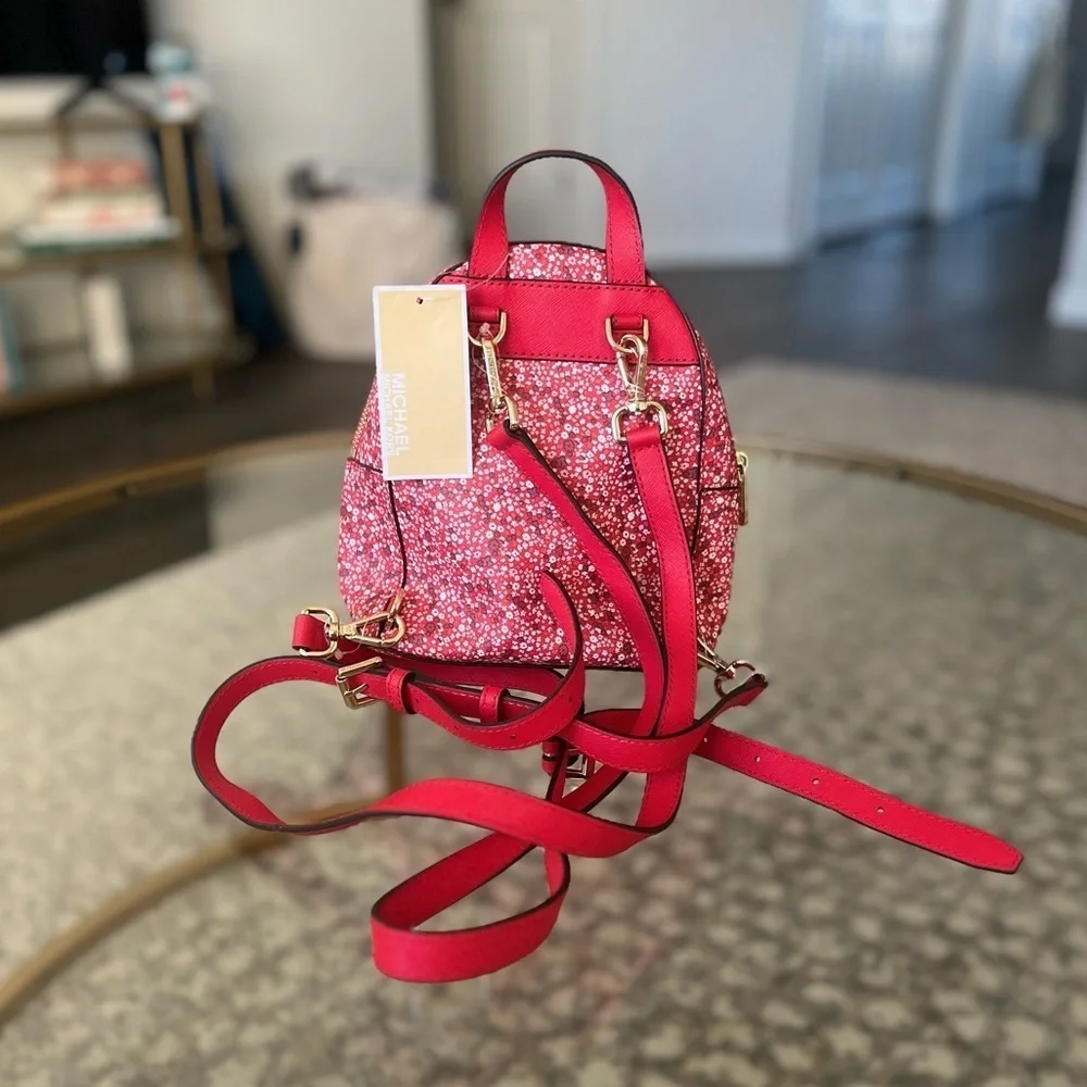 🌸NWT Authentic Michael Kors Abbey Mini Backpack - Red Floral with Gold Accents